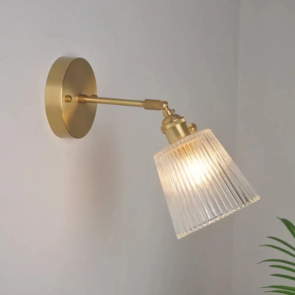 Industrial Wall Mounted Swing Arm Reading Light with Blossom/Bowl Clear Glass Shade - Iron Brass Finish