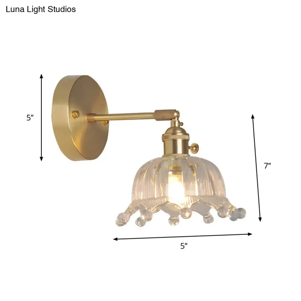 Industrial Wall Mounted Swing Arm Reading Light with Blossom/Bowl Clear Glass Shade - Iron Brass Finish