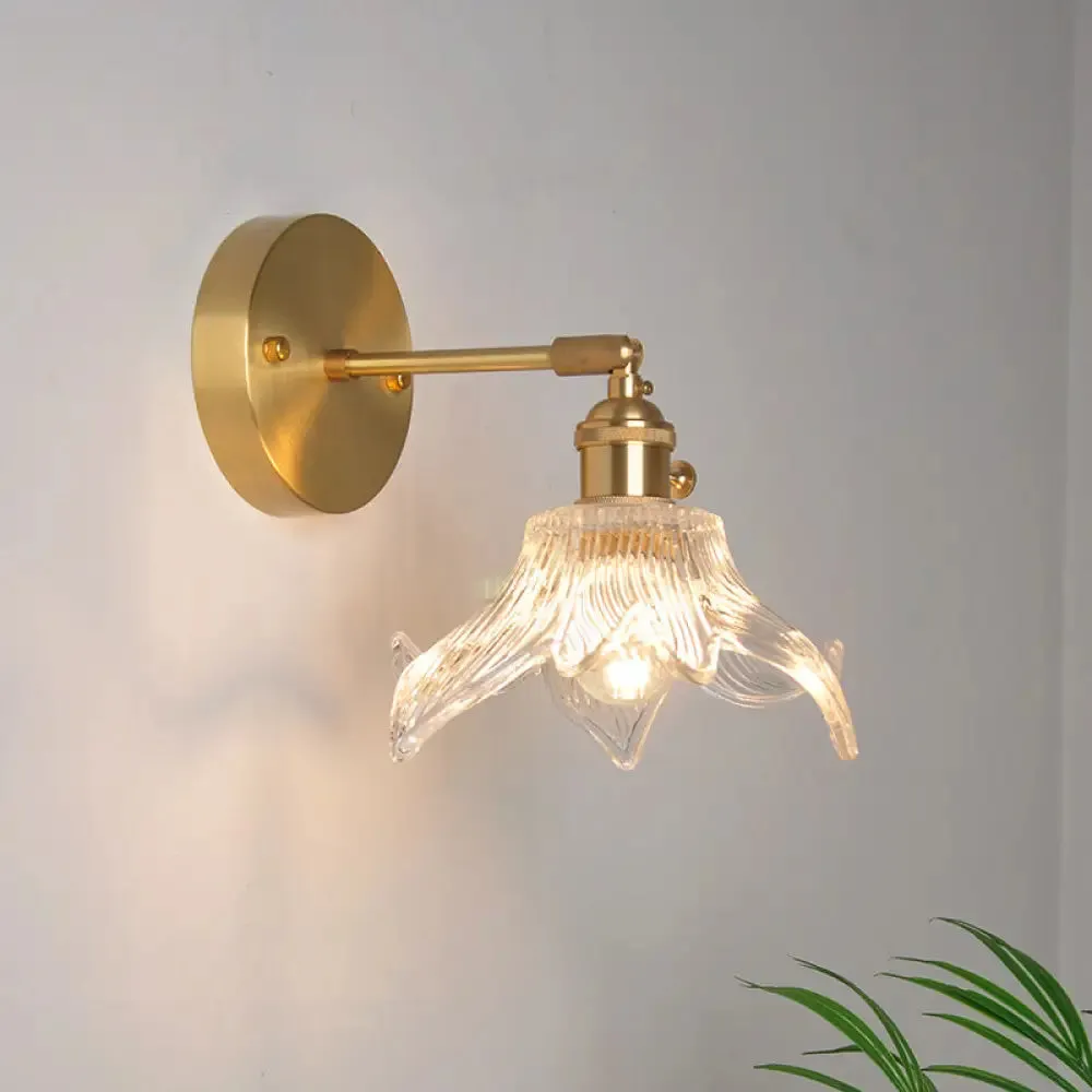 Industrial Wall Mounted Swing Arm Reading Light with Blossom/Bowl Clear Glass Shade - Iron Brass Finish