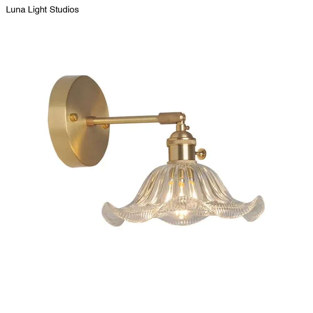 Industrial Wall Mounted Swing Arm Reading Light with Blossom/Bowl Clear Glass Shade - Iron Brass Finish