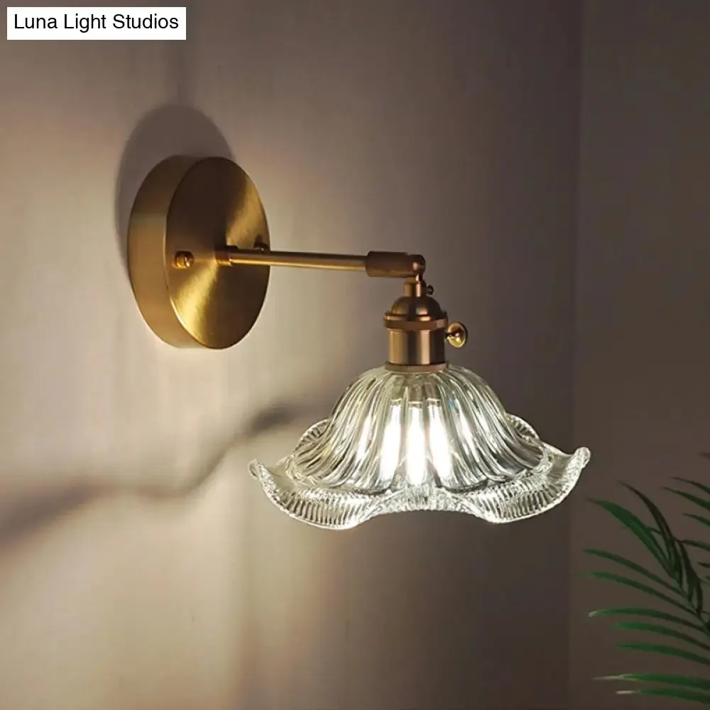 Industrial Wall Mounted Swing Arm Reading Light with Blossom/Bowl Clear Glass Shade - Iron Brass Finish