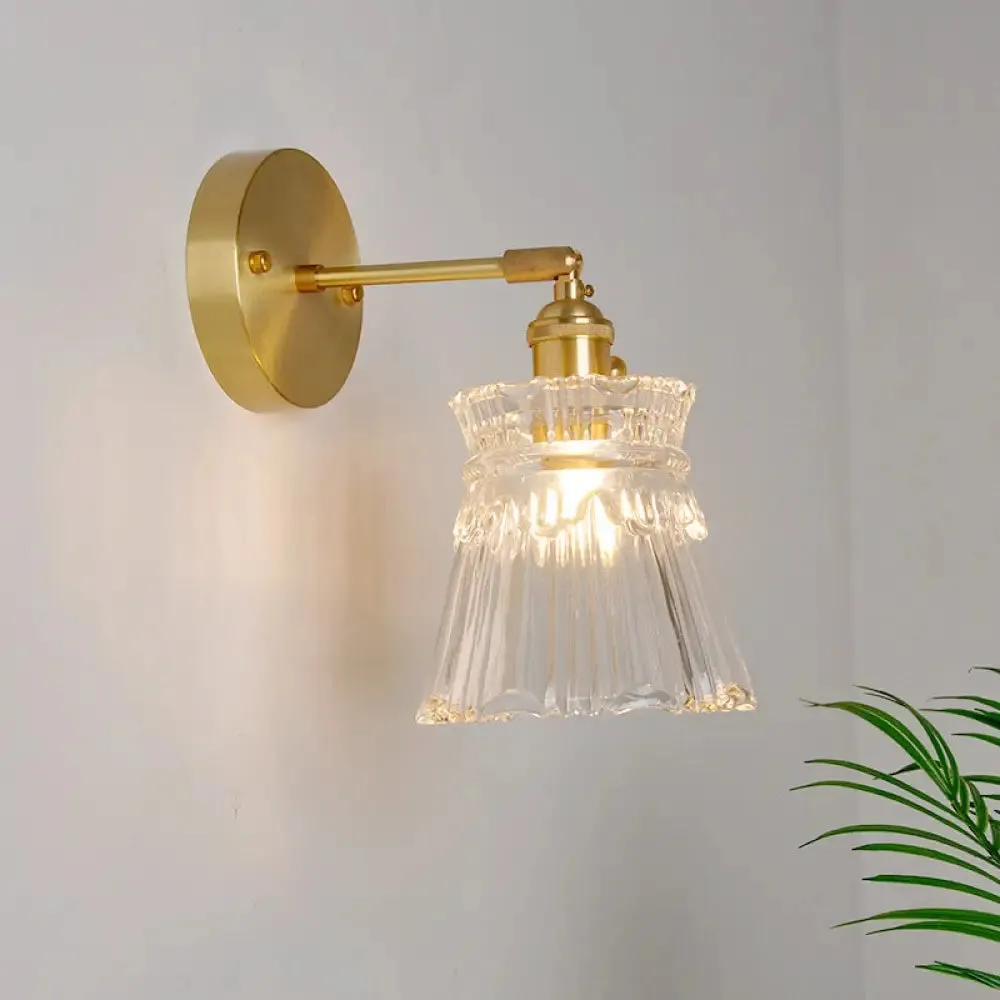 Industrial Wall Mounted Swing Arm Reading Light with Blossom/Bowl Clear Glass Shade - Iron Brass Finish