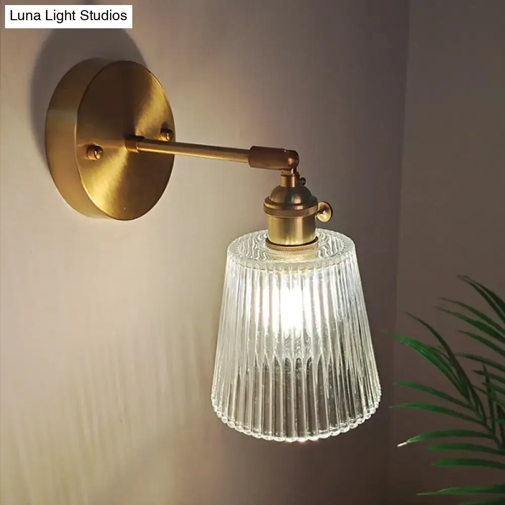 Industrial Wall Mounted Swing Arm Reading Light with Blossom/Bowl Clear Glass Shade - Iron Brass Finish