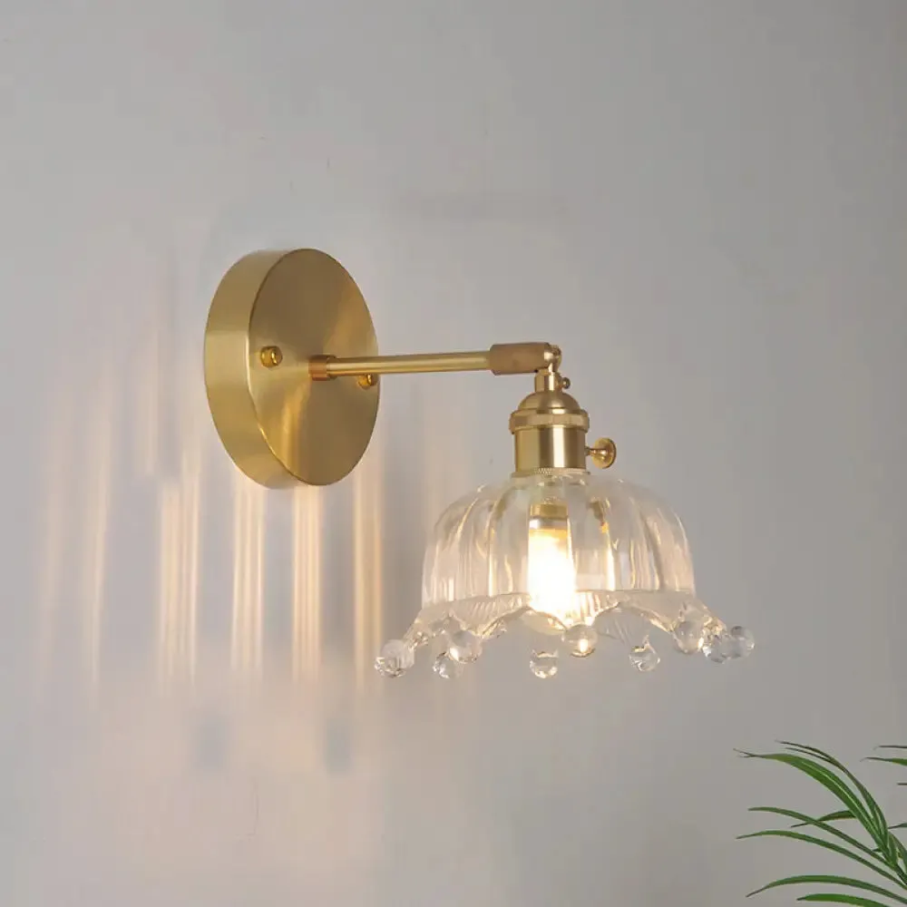 Industrial Wall Mounted Swing Arm Reading Light with Blossom/Bowl Clear Glass Shade - Iron Brass Finish