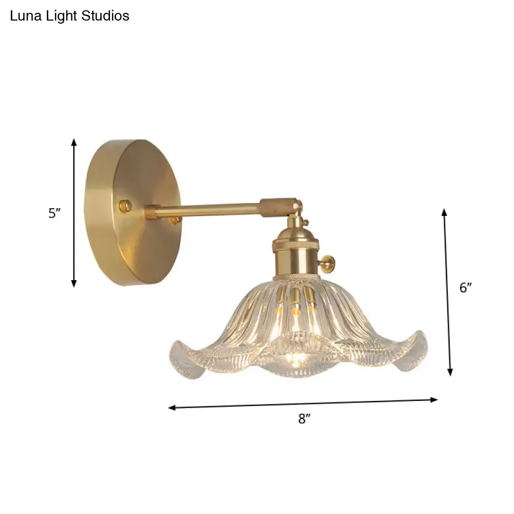 Industrial Wall Mounted Swing Arm Reading Light with Blossom/Bowl Clear Glass Shade - Iron Brass Finish