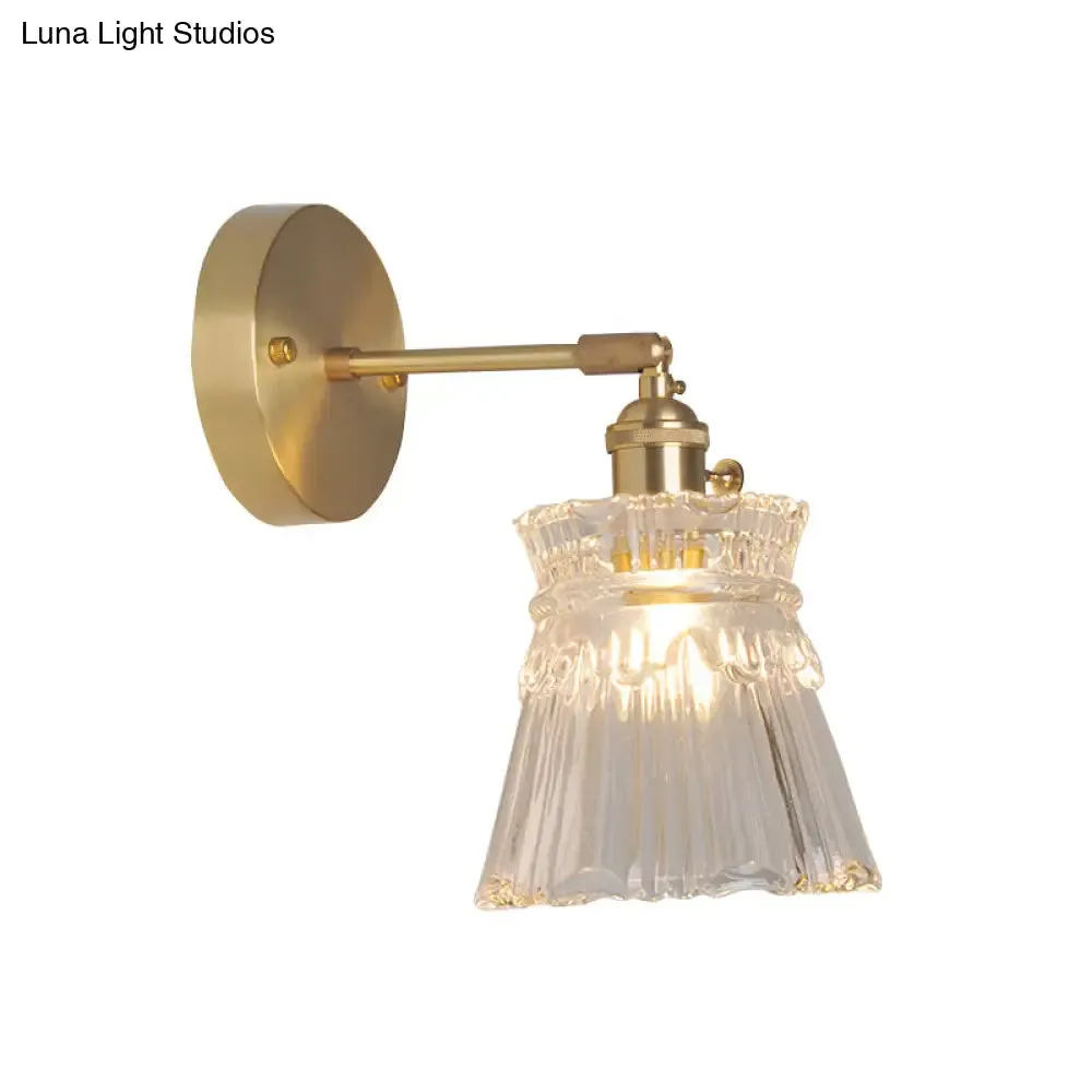 Industrial Wall Mounted Swing Arm Reading Light with Blossom/Bowl Clear Glass Shade - Iron Brass Finish