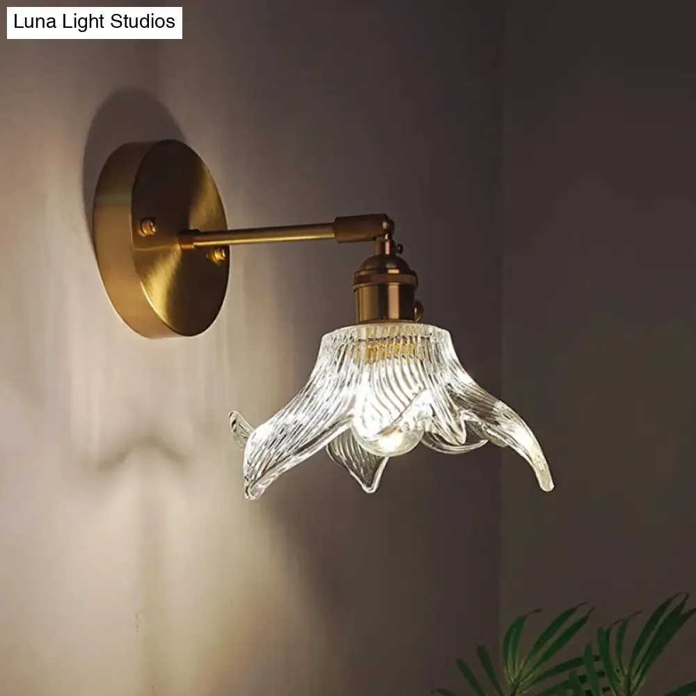 Industrial Wall Mounted Swing Arm Reading Light with Blossom/Bowl Clear Glass Shade - Iron Brass Finish