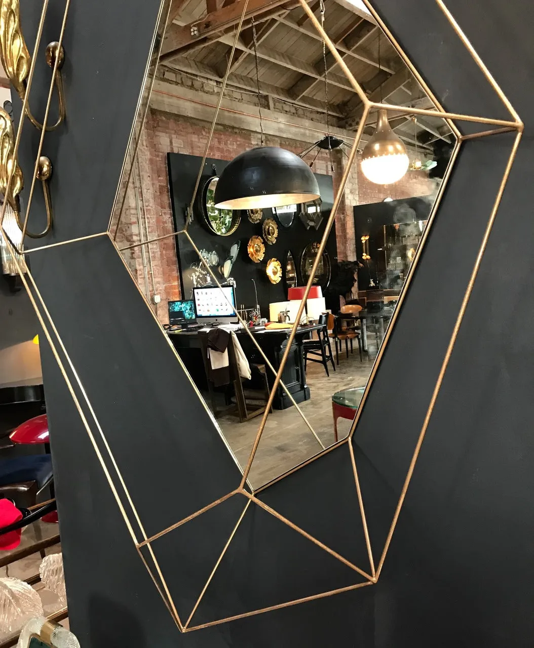 Italian Large Rhomboidal Sculptural Wall Mirror in Brass