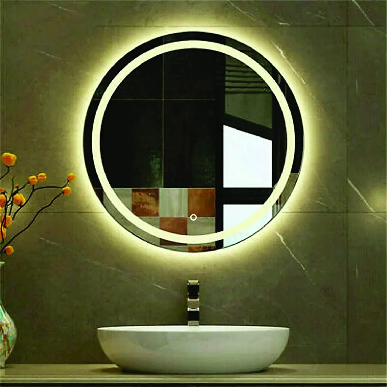 KALYAN TRADERS Wall and led Mirror Glass with Touch Sensor for 3 Tone Light (White Light, Natural Light, Warm Light)/ Designer Mirror for Living Room/Bedroom/Dressing Room–Round Shape-21x21.