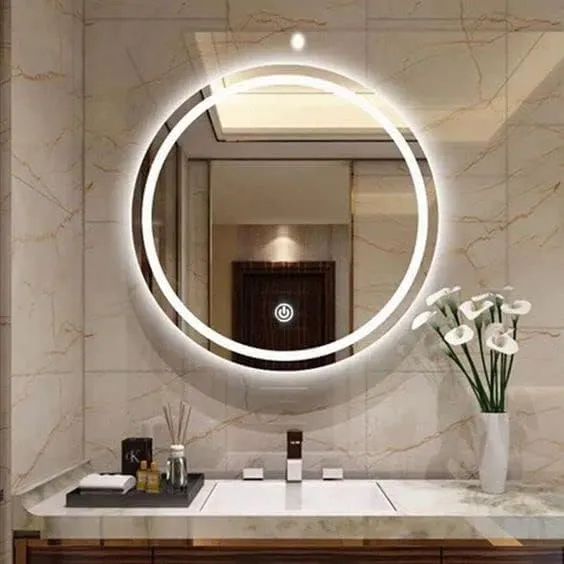 KALYAN TRADERS Wall and led Mirror Glass with Touch Sensor for 3 Tone Light (White Light, Natural Light, Warm Light)/ Designer Mirror for Living Room/Bedroom/Dressing Room–Round Shape-21x21.