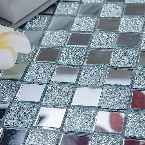 kirfiz Crystal Diamond Mosaic Tile Square Mirror Glass Mosaic Tile for Kitchen Backsplash Bathroom Wall (Silver Square Flat Mirror) (2)