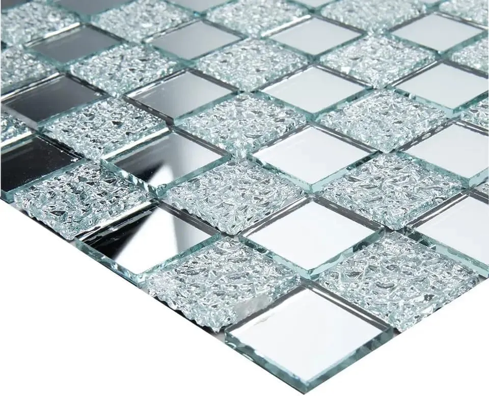 kirfiz Crystal Diamond Mosaic Tile Square Mirror Glass Mosaic Tile for Kitchen Backsplash Bathroom Wall (Silver Square Flat Mirror) (2)
