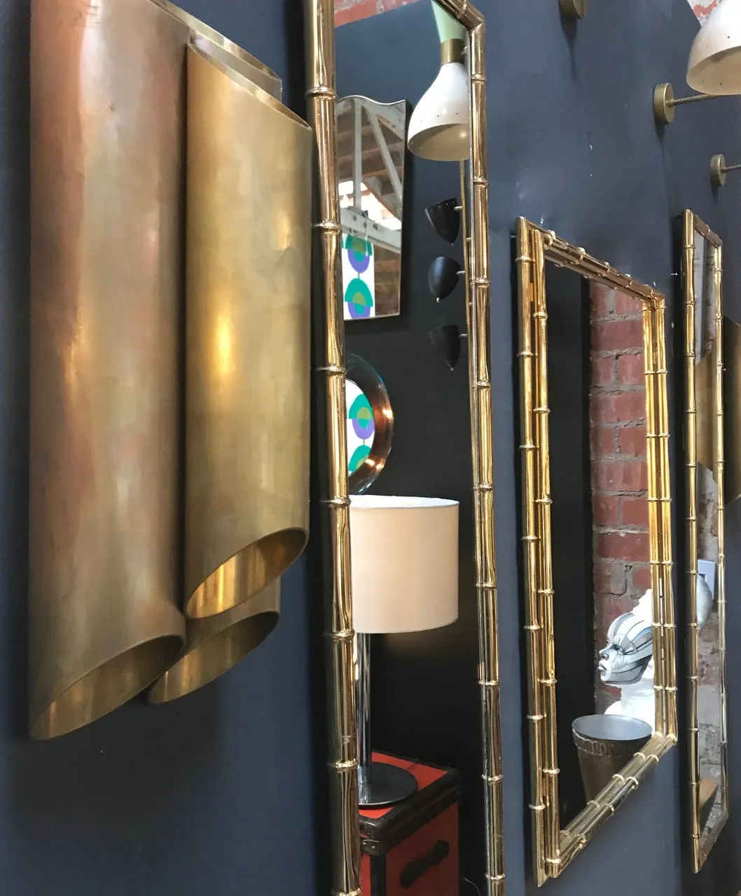Large Pair of Rectangular Faux Bamboo Brass Mirrors , Italy 1960s