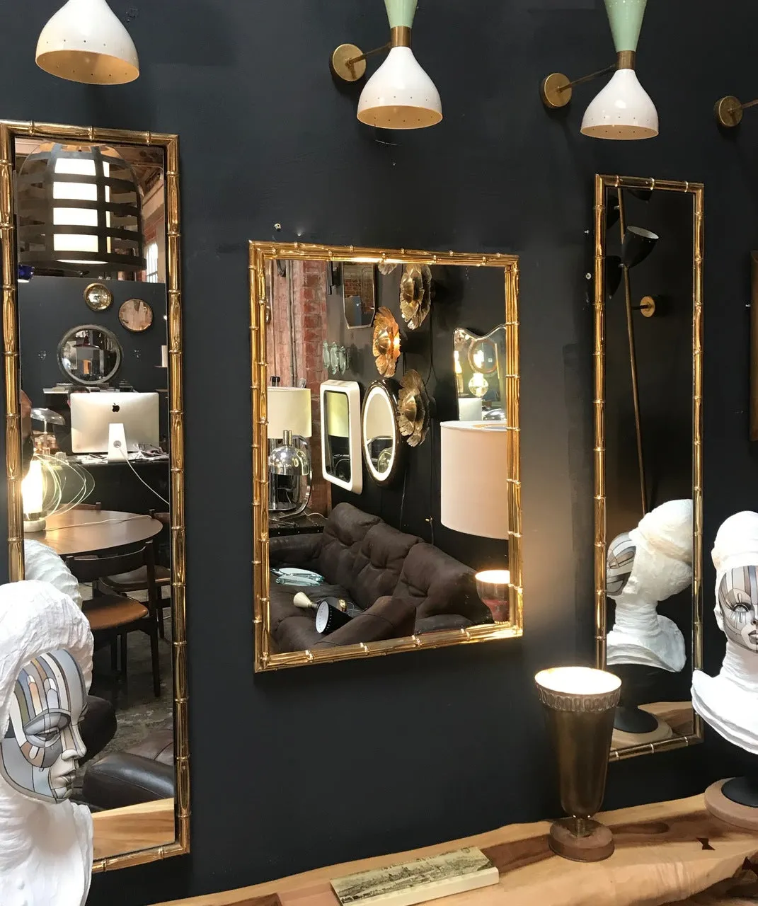 Large Pair of Rectangular Faux Bamboo Brass Mirrors , Italy 1960s