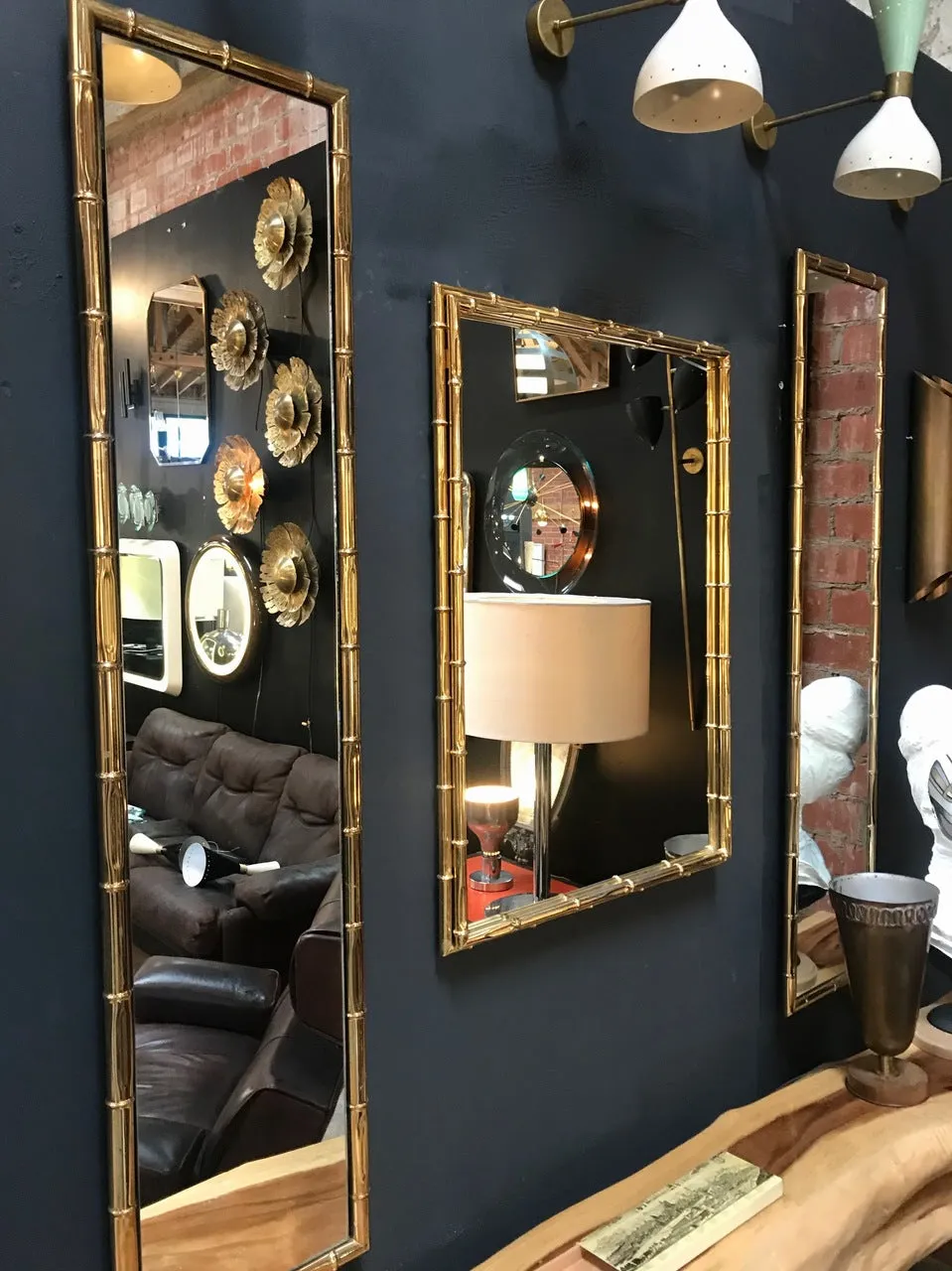 Large Pair of Rectangular Faux Bamboo Brass Mirrors , Italy 1960s