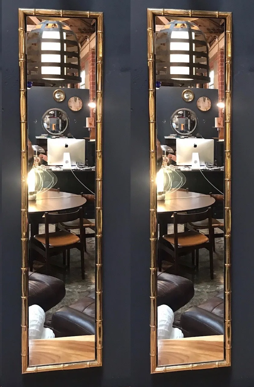 Large Pair of Rectangular Faux Bamboo Brass Mirrors , Italy 1960s