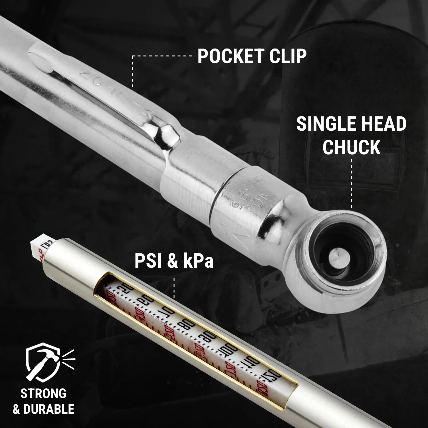 Milton® Heavy Duty, Tire Pencil Gauge, 2-20 PSI, Single Ball Head Air Chuck, Brass Tubing, Corrosion Resistant