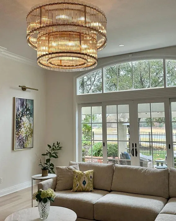 Modern 2-Tier Round Handmade Fluted Glass Panels Chandelier