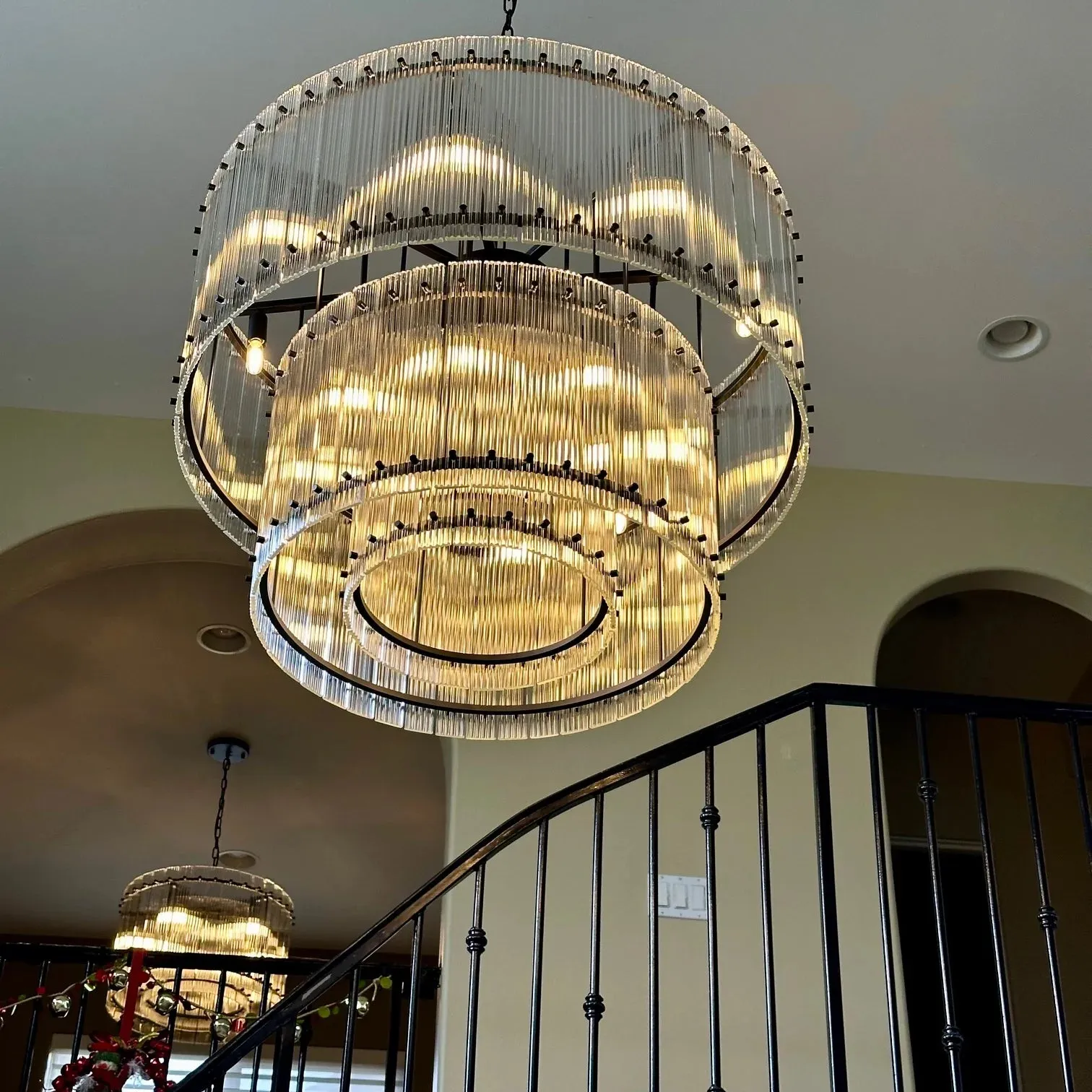 Modern 2-Tier Round Handmade Fluted Glass Panels Chandelier