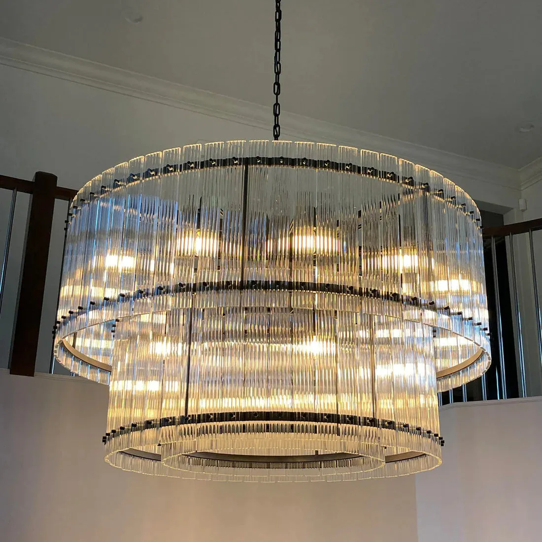 Modern 2-Tier Round Handmade Fluted Glass Panels Chandelier