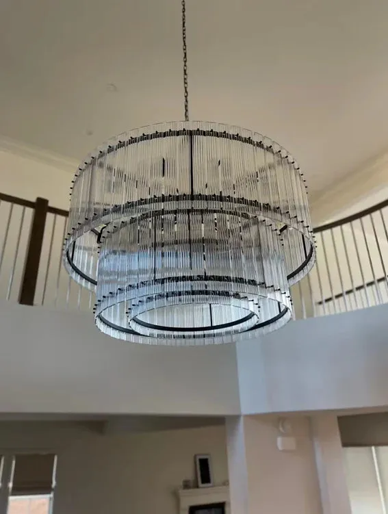 Modern 2-Tier Round Handmade Fluted Glass Panels Chandelier