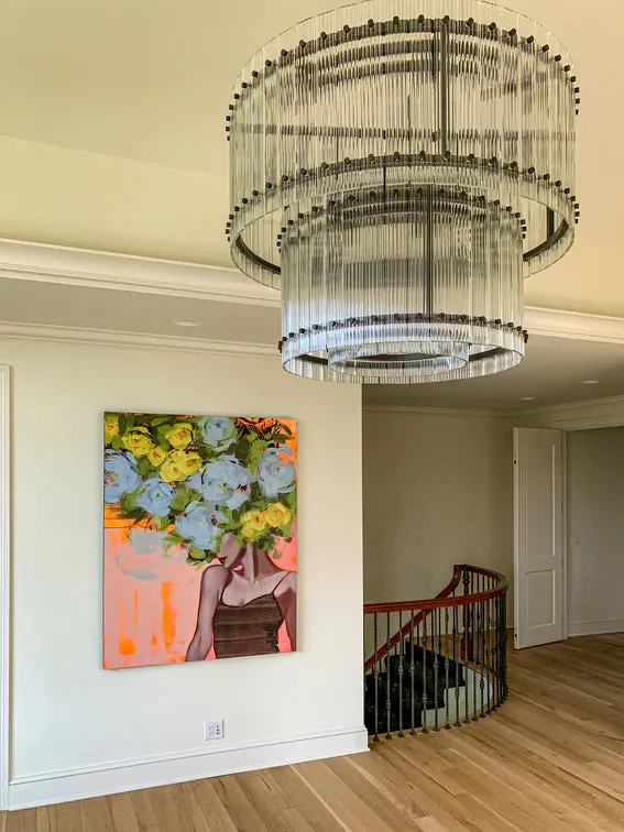 Modern 2-Tier Round Handmade Fluted Glass Panels Chandelier