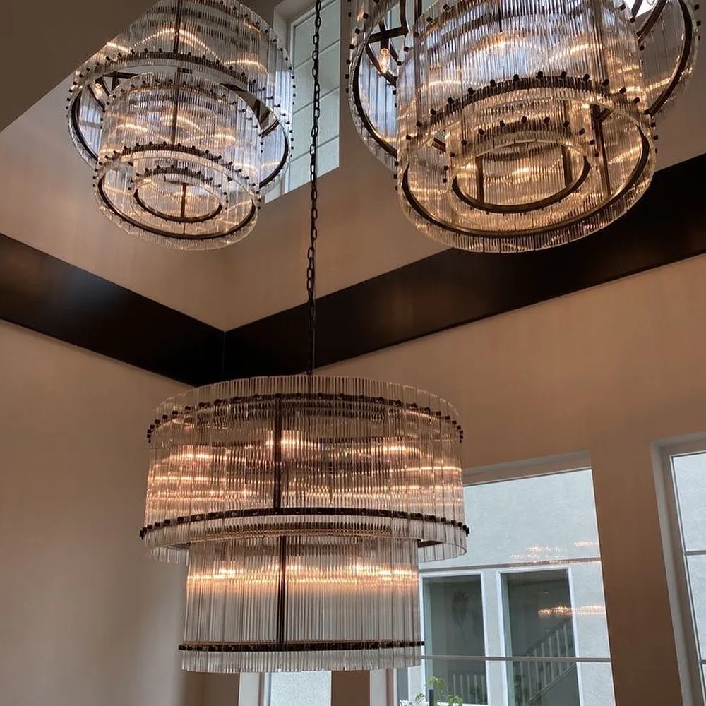 Modern 2-Tier Round Handmade Fluted Glass Panels Chandelier