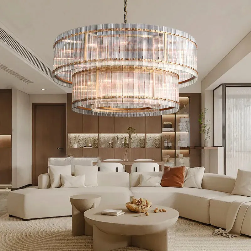 Modern 2-Tier Round Handmade Fluted Glass Panels Chandelier