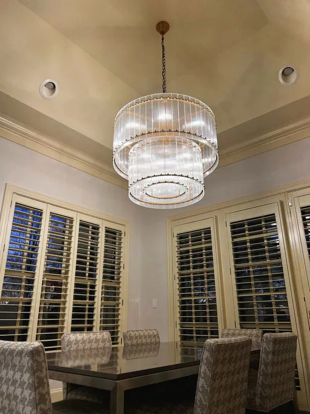 Modern 2-Tier Round Handmade Fluted Glass Panels Chandelier