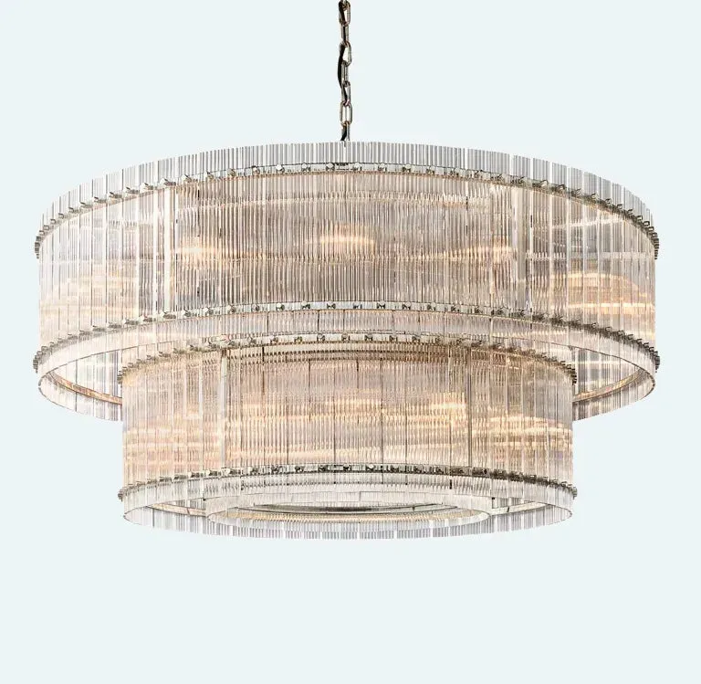 Modern 2-Tier Round Handmade Fluted Glass Panels Chandelier
