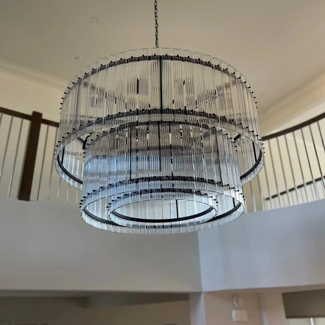 Modern 2-Tier Round Handmade Fluted Glass Panels Chandelier