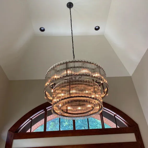 Modern 2-Tier Round Handmade Fluted Glass Panels Chandelier