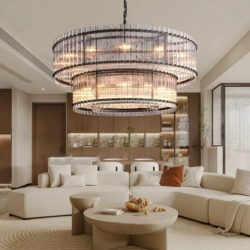 Modern 2-Tier Round Handmade Fluted Glass Panels Chandelier