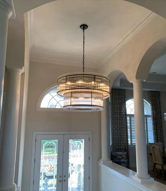 Modern 2-Tier Round Handmade Fluted Glass Panels Chandelier