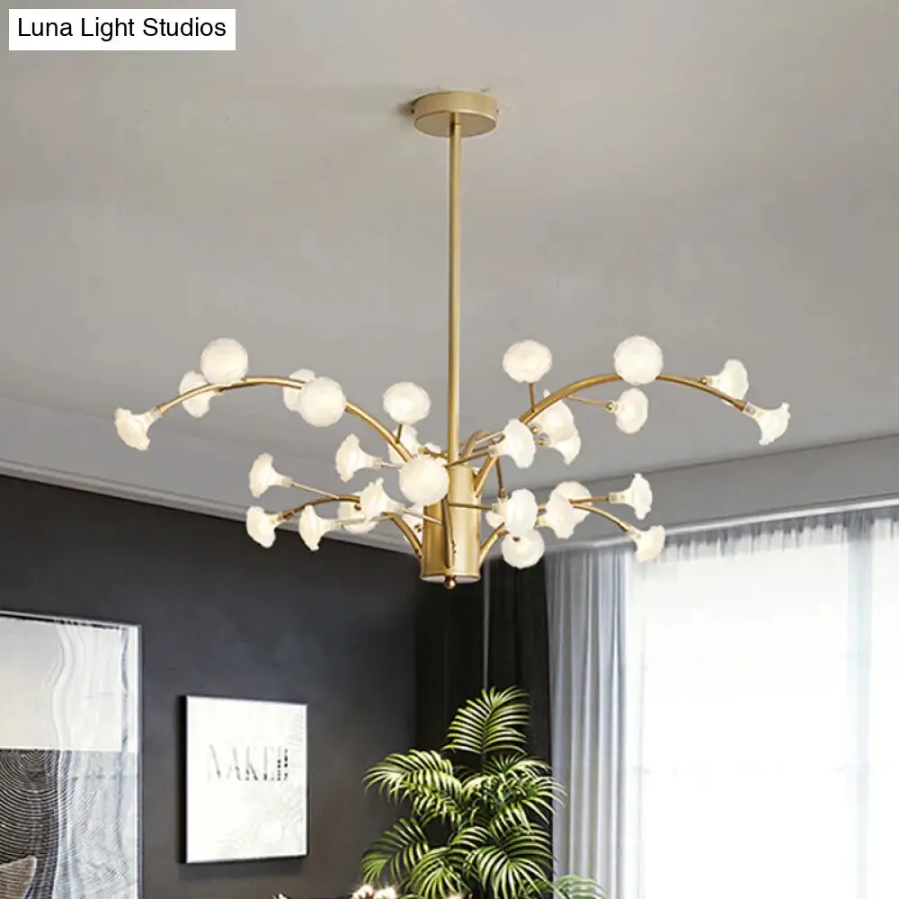 Modern Flower Chandelier Light: 33-Bulb Frosted Glass Suspension Fixture in Gold