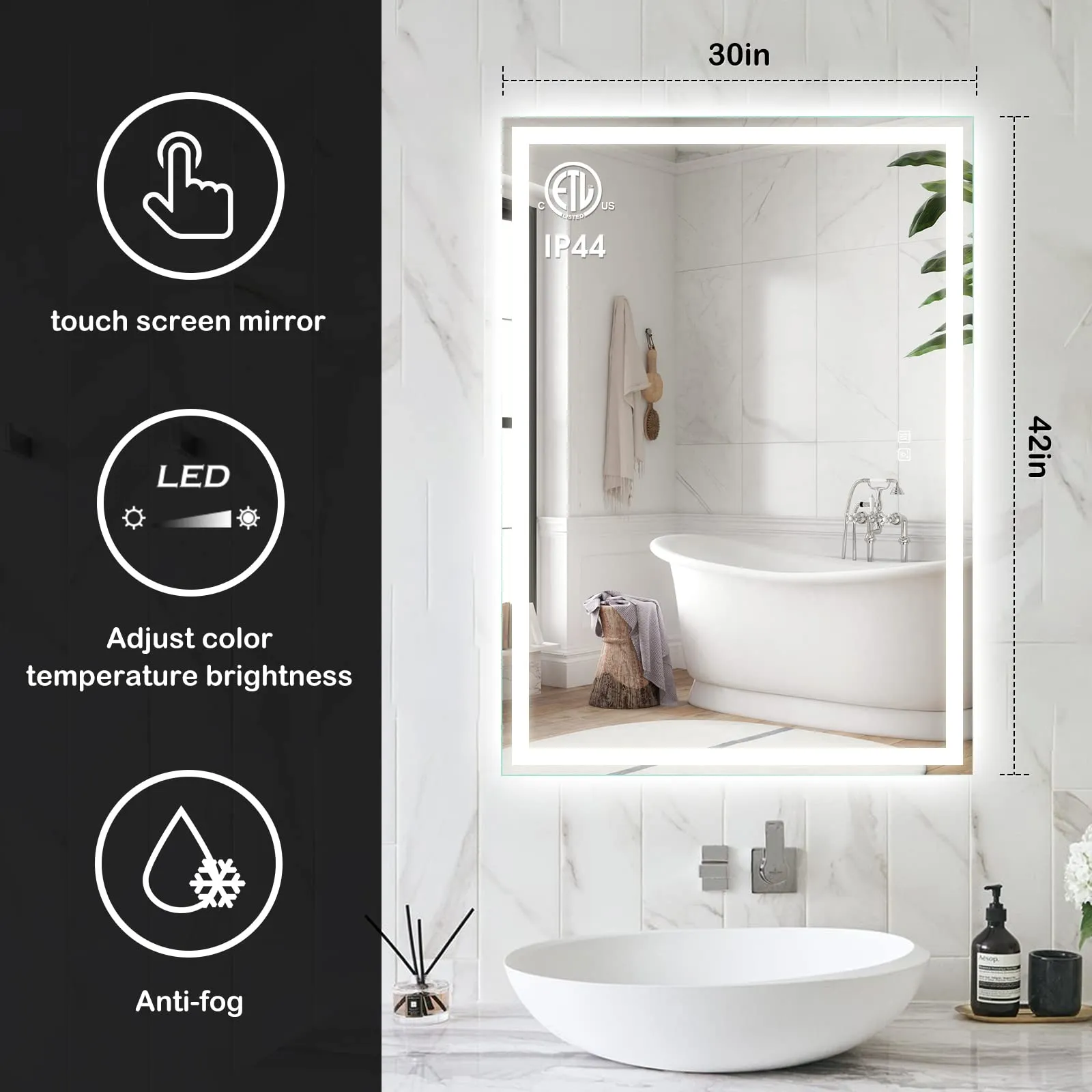 ROOMTEC 42x30 Inch Led Mirror for Bathroom,Backlit Lighted,Anti-Fog, Dimmable, Vertical & Horizontal Mount (Square-42 * 30",Frosted), Silver