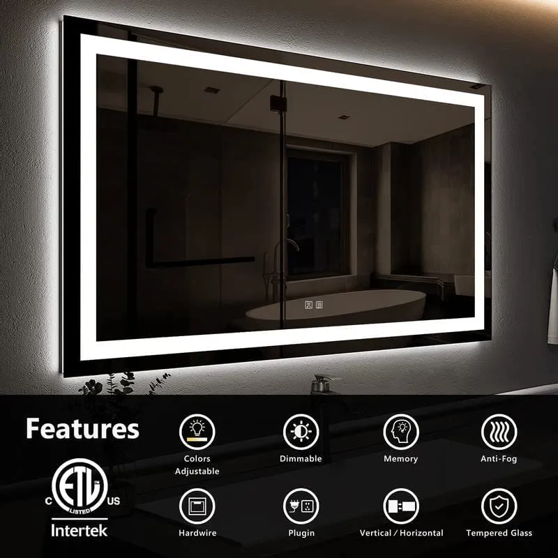 ROOMTEC 42x30 Inch Led Mirror for Bathroom,Backlit Lighted,Anti-Fog, Dimmable, Vertical & Horizontal Mount (Square-42 * 30",Frosted), Silver