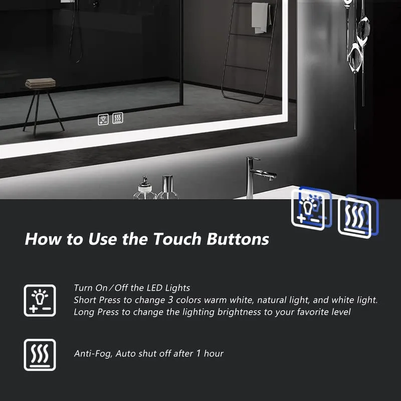 ROOMTEC 42x30 Inch Led Mirror for Bathroom,Backlit Lighted,Anti-Fog, Dimmable, Vertical & Horizontal Mount (Square-42 * 30",Frosted), Silver