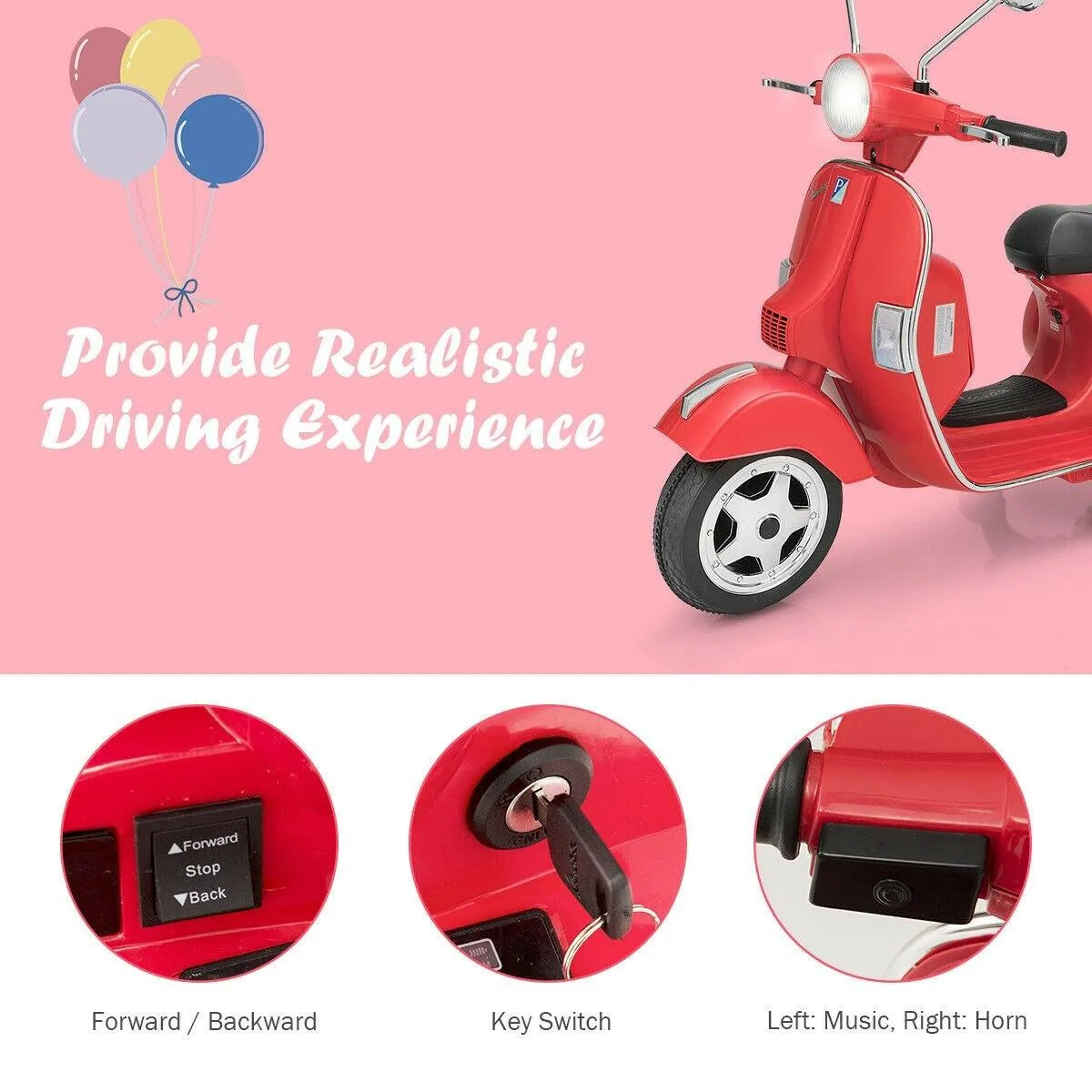 Scooter Motorcycle TY327441 with Headlight,6V Kids Ride on Vespa