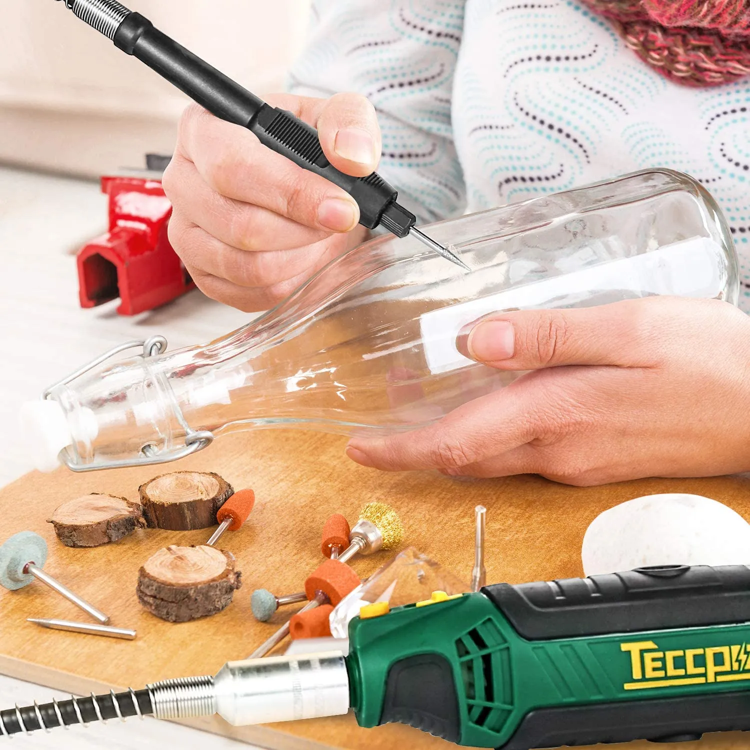 TECCPO Rotary Tool Kit, 110 Accessories, 4 Attachments, Carrying Case, 6 Variable Speed with Flex shaft, Protective Shield, Sharpening Guide, Cutting Guide, Ideal for Crafting Project and DIY - TART11P