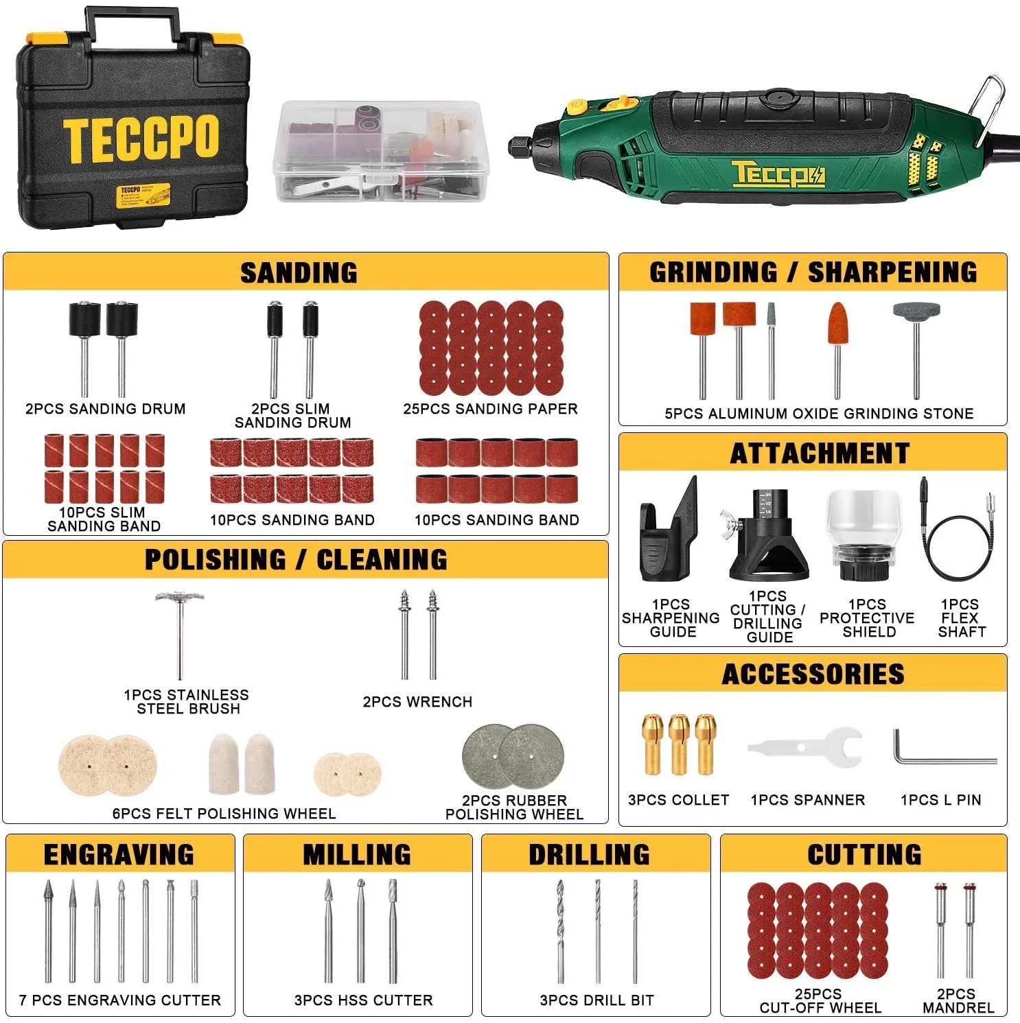 TECCPO Rotary Tool Kit, 110 Accessories, 4 Attachments, Carrying Case, 6 Variable Speed with Flex shaft, Protective Shield, Sharpening Guide, Cutting Guide, Ideal for Crafting Project and DIY - TART11P