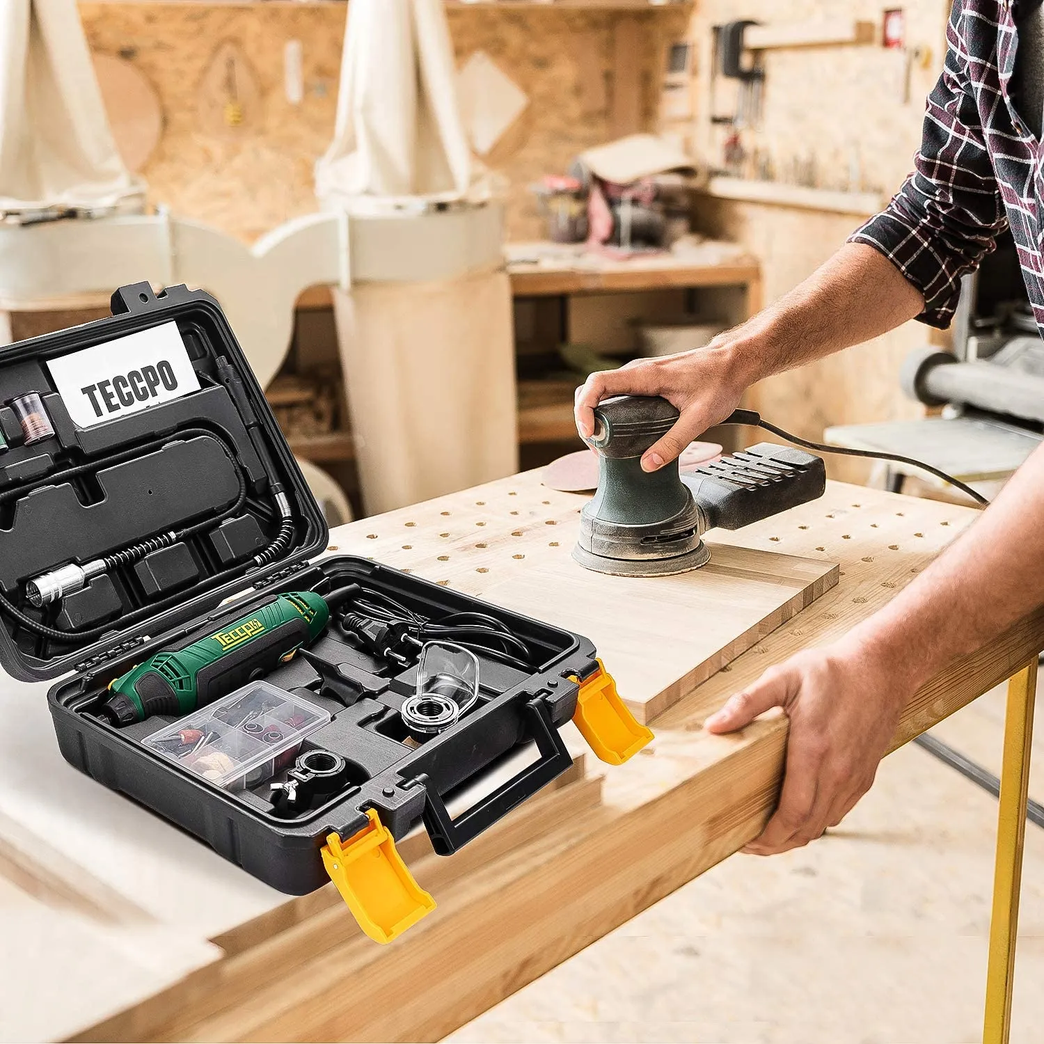 TECCPO Rotary Tool Kit, 110 Accessories, 4 Attachments, Carrying Case, 6 Variable Speed with Flex shaft, Protective Shield, Sharpening Guide, Cutting Guide, Ideal for Crafting Project and DIY - TART11P