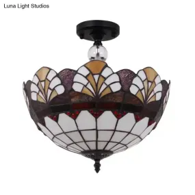 Traditional Tiffany Stained Glass Ceiling Lamp - Scalloped Semi Flush, 12" or 16" - Bronze Finish with Leaf, Victorian, and Circle Pattern - Ideal for Foyer