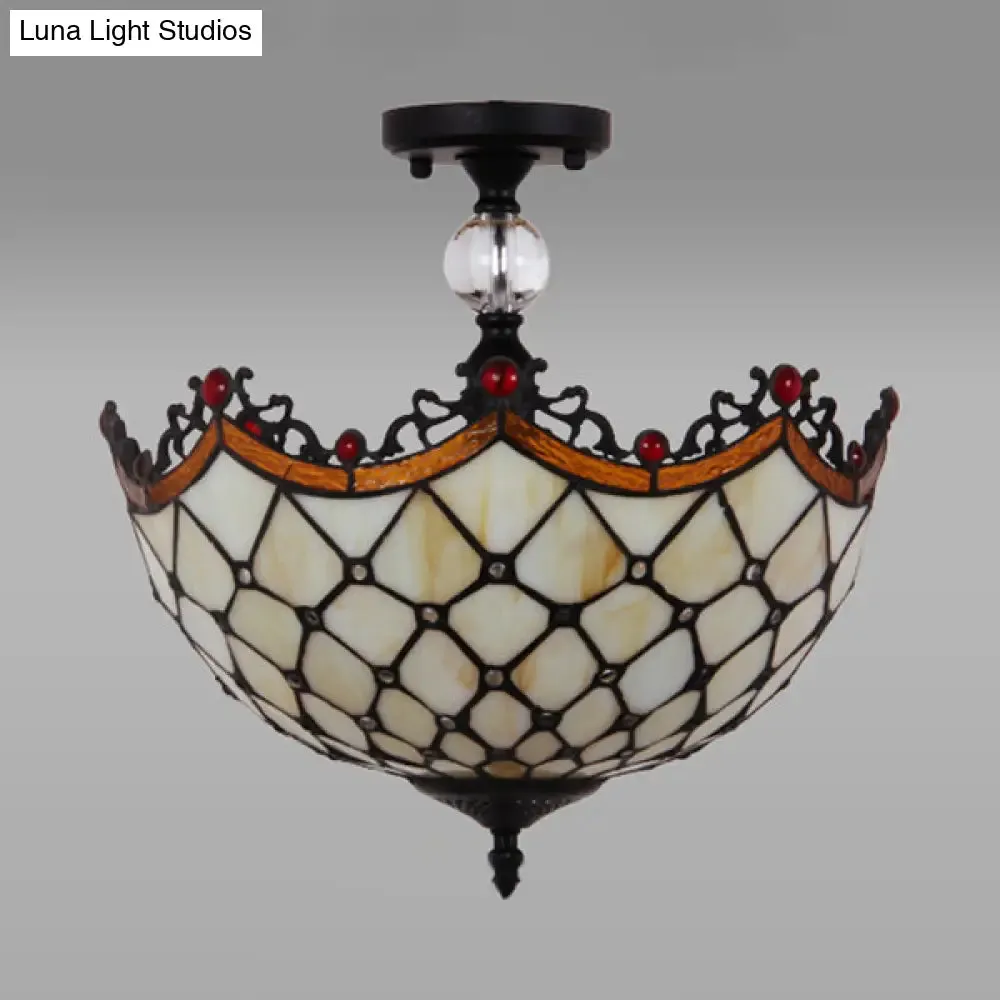 Traditional Tiffany Stained Glass Ceiling Lamp - Scalloped Semi Flush, 12" or 16" - Bronze Finish with Leaf, Victorian, and Circle Pattern - Ideal for Foyer