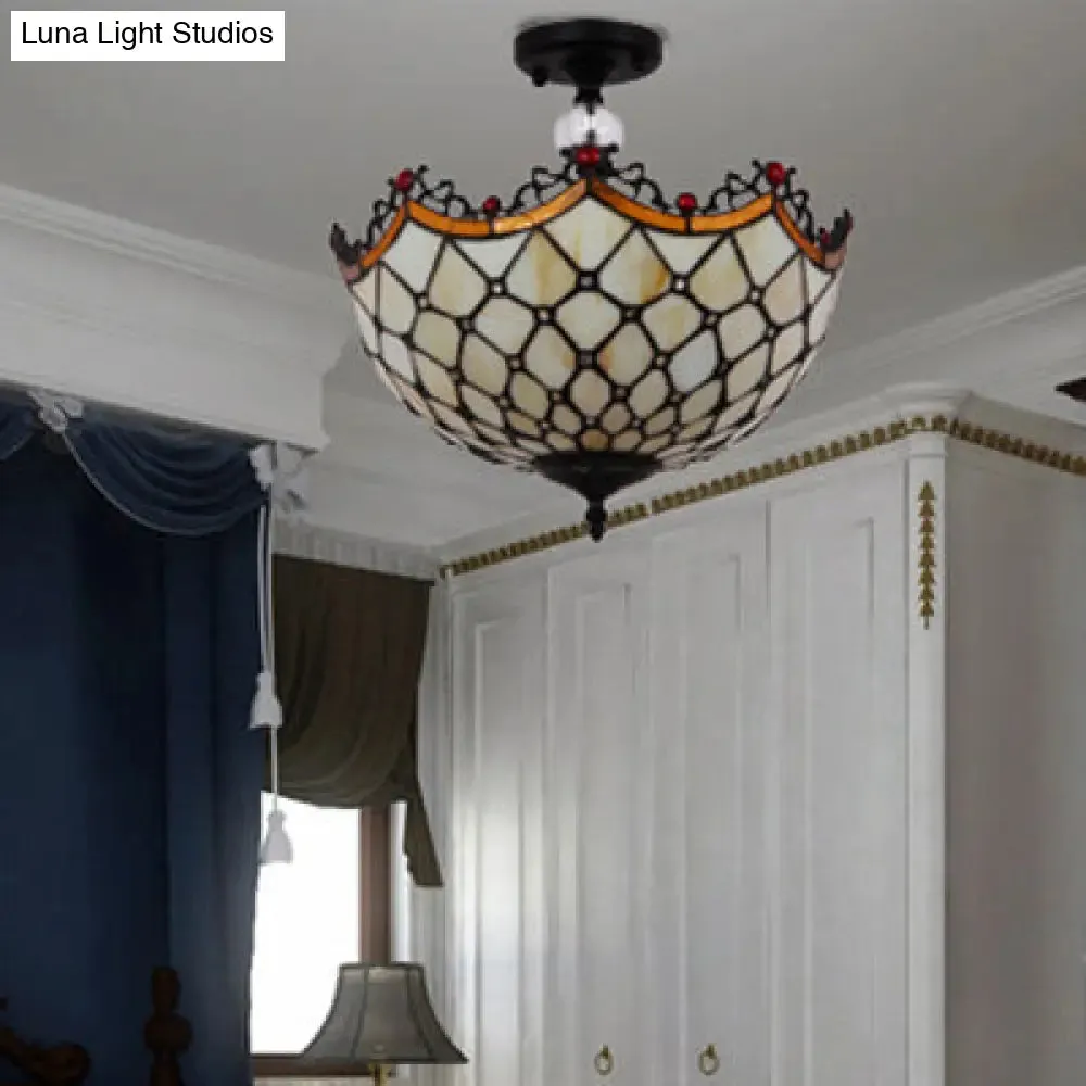 Traditional Tiffany Stained Glass Ceiling Lamp - Scalloped Semi Flush, 12" or 16" - Bronze Finish with Leaf, Victorian, and Circle Pattern - Ideal for Foyer