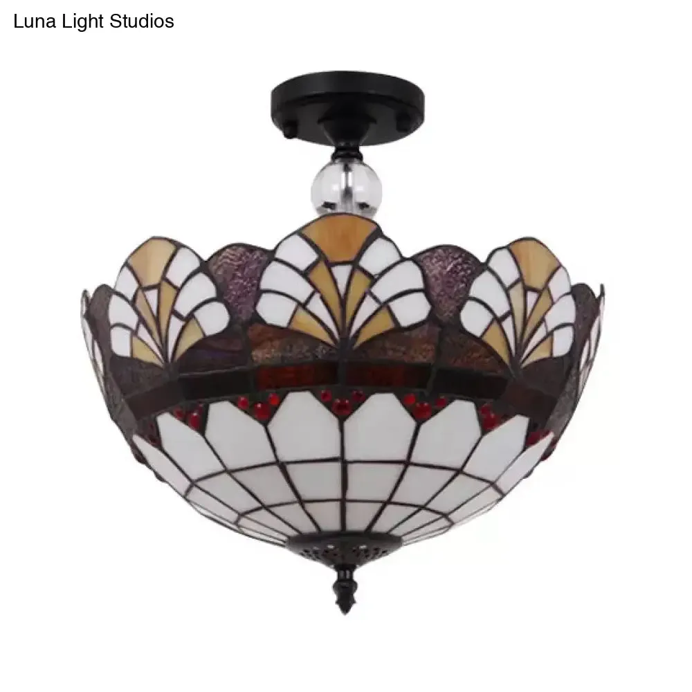 Traditional Tiffany Stained Glass Ceiling Lamp - Scalloped Semi Flush, 12" or 16" - Bronze Finish with Leaf, Victorian, and Circle Pattern - Ideal for Foyer