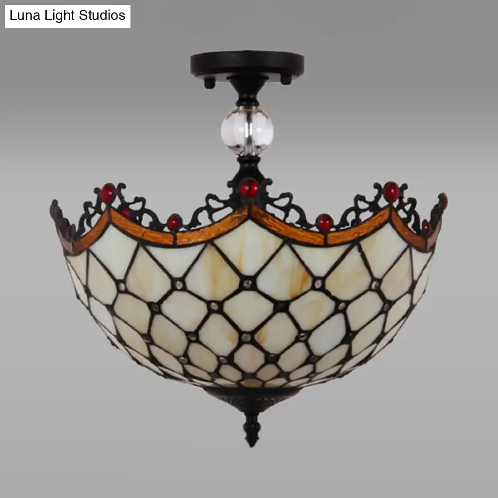 Traditional Tiffany Stained Glass Ceiling Lamp - Scalloped Semi Flush, 12" or 16" - Bronze Finish with Leaf, Victorian, and Circle Pattern - Ideal for Foyer