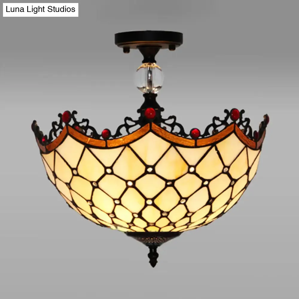 Traditional Tiffany Stained Glass Ceiling Lamp - Scalloped Semi Flush, 12" or 16" - Bronze Finish with Leaf, Victorian, and Circle Pattern - Ideal for Foyer