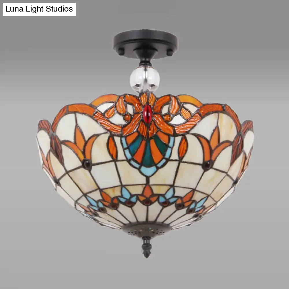 Traditional Tiffany Stained Glass Ceiling Lamp - Scalloped Semi Flush, 12" or 16" - Bronze Finish with Leaf, Victorian, and Circle Pattern - Ideal for Foyer