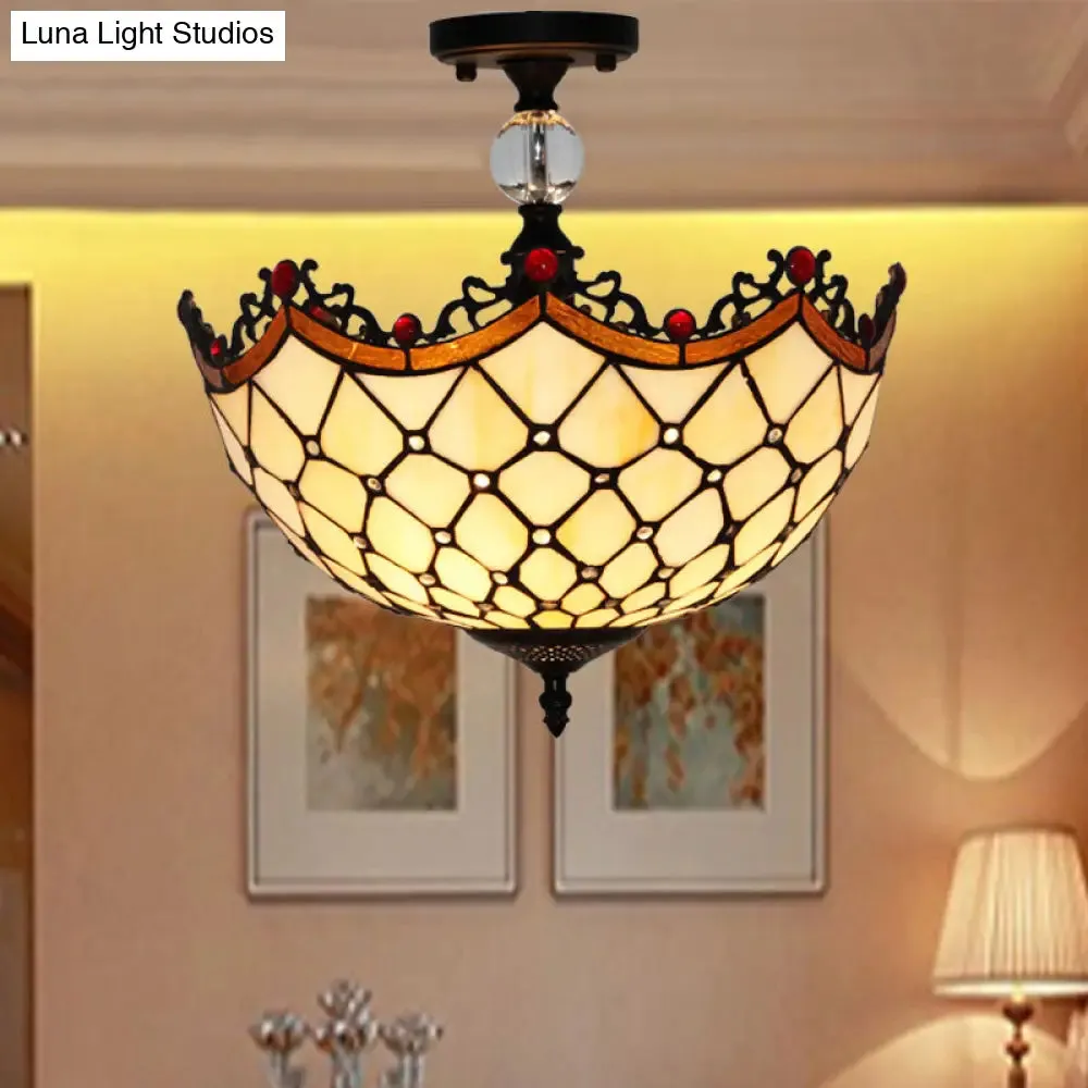 Traditional Tiffany Stained Glass Ceiling Lamp - Scalloped Semi Flush, 12" or 16" - Bronze Finish with Leaf, Victorian, and Circle Pattern - Ideal for Foyer